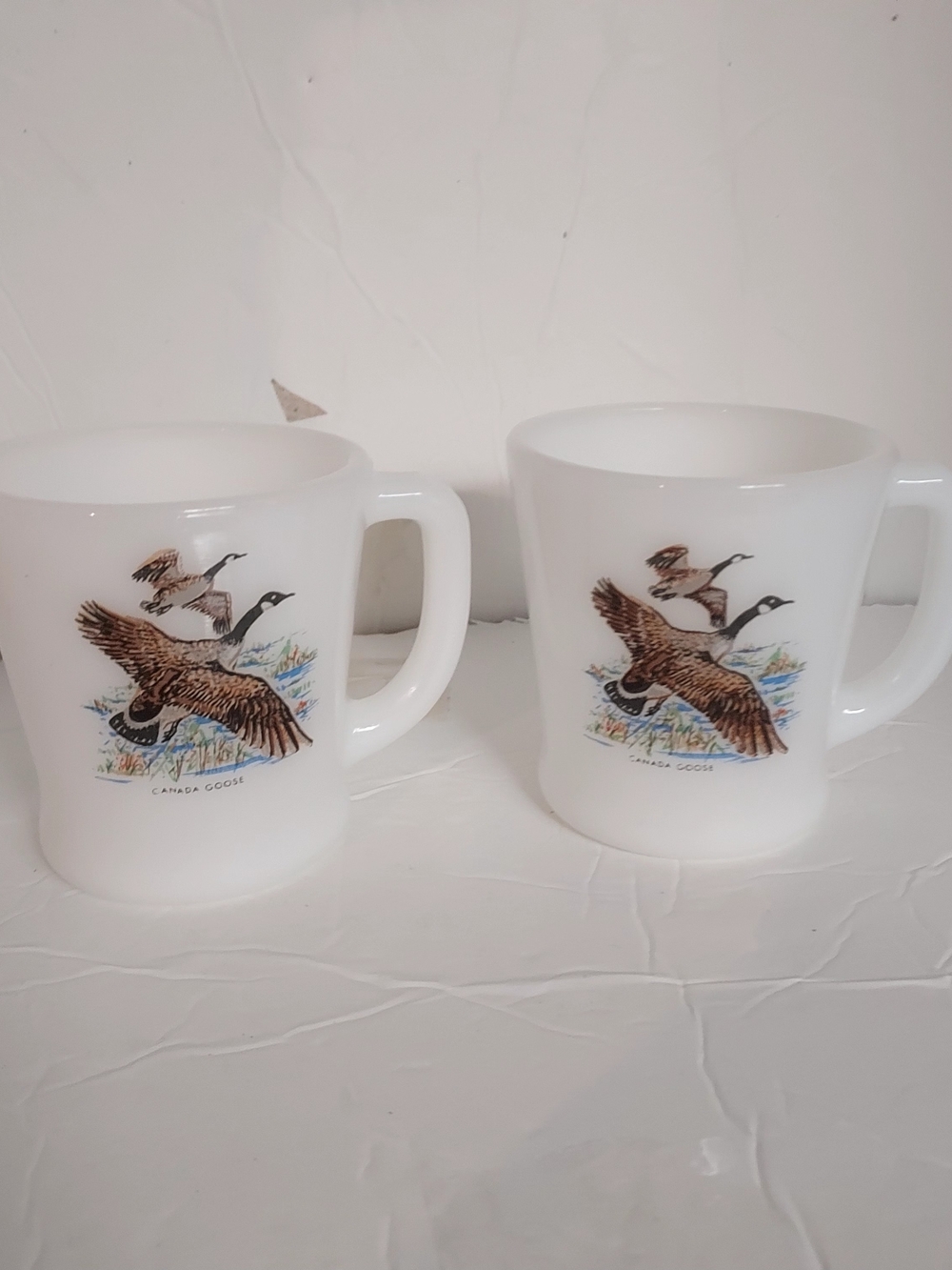 Fire King White Mugs with Canada Goose Flight Illustration - Pair Vtg 8 oz